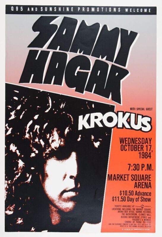 1984 Sammy Hagar Market Square Arena Indianapolis Poster Near Mint 85