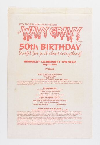 1986 Jerry Garcia Wavy Gravy 50th Birthday Benefit Berkeley Program Poster Printed on Bag Excellent 73