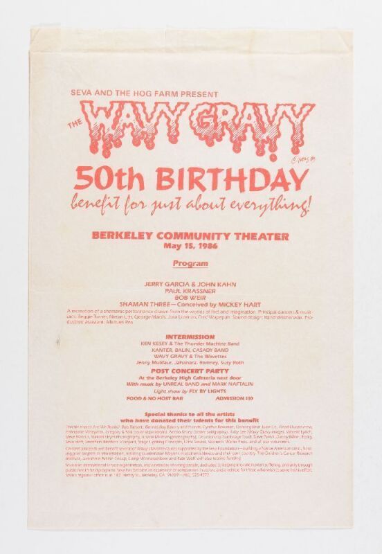 1986 Jerry Garcia Wavy Gravy 50th Birthday Benefit Berkeley Program Poster Printed on Bag Excellent 73