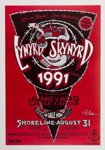 1991 Lynyrd Skynyrd Shoreline Amphitheater Signed Tuten Poster Mint 91