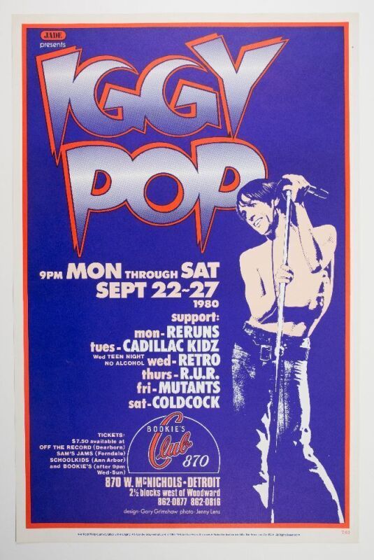 1988 PCL-11 Gary Grimshaw Iggy Pop Bookie's Club Detroit Commemorative Poster Near Mint 83