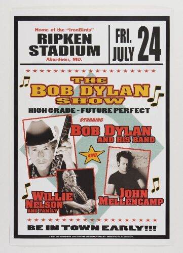 2009 Bob Dylan Willie Nelson John Mellencamp Ripken Stadium Aberdeen Poster Mint 91