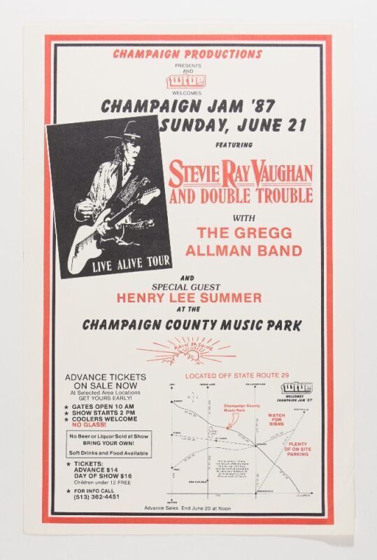 1987 Stevie Ray Vaughan Gregg Allman Champaign County Music Park Poster Excellent 71