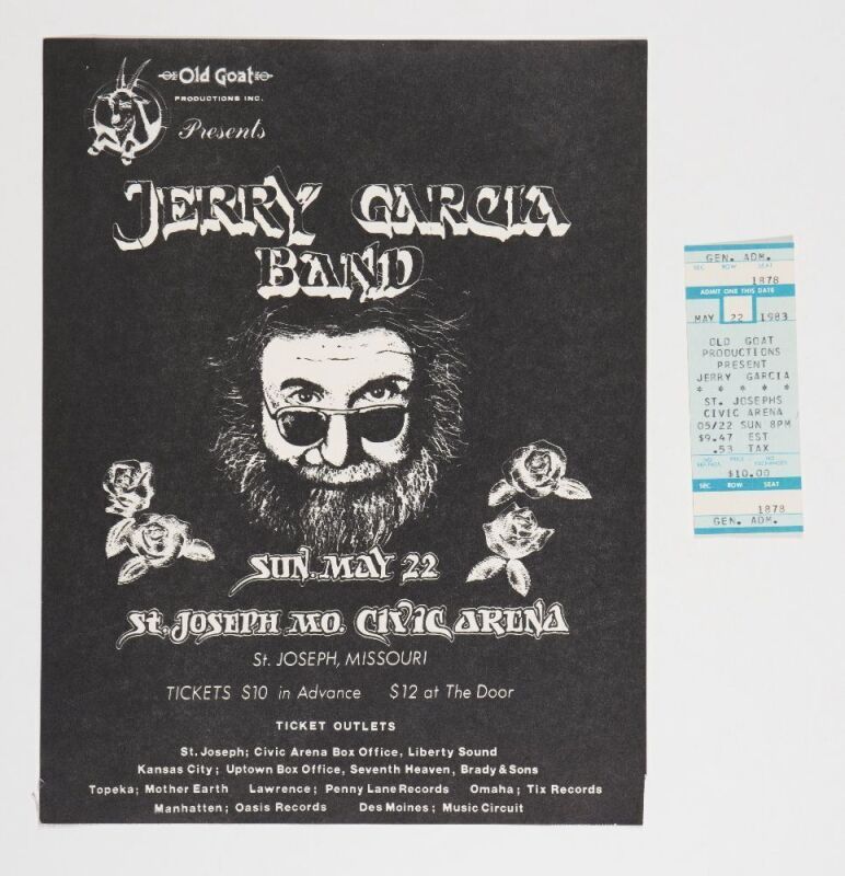 1983 Jerry Garcia Band St. Joseph Missouri Civic Arena Flyer & Ticket Near Mint 81