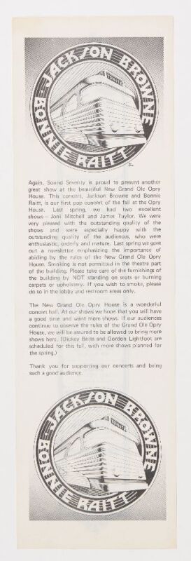 1974 Rick Griffin Jackson Browne Bonnie Raitt The New Opry House Handbill Near Mint 89