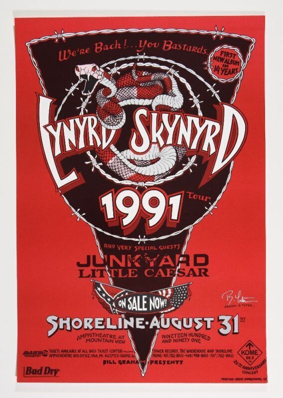 1991 Lynyrd Skynyrd Shoreline Amphitheater Signed Tuten Poster Mint 91