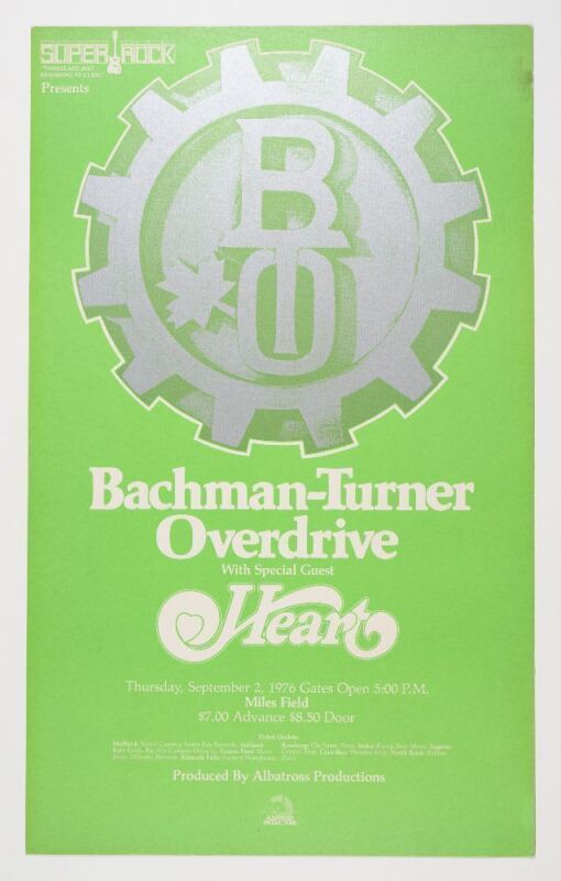 1976 Bachman Turner Overdrive Heart Miles Field House Medford Oregon Cardboard Poster Near Mint 85