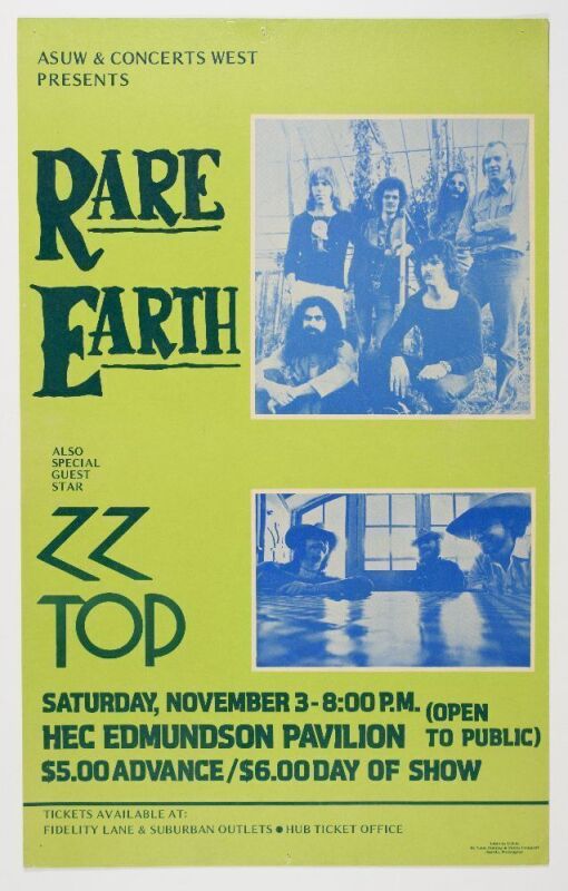 1973 Rare Earth ZZ Top HEC Edmundson Pavilion Seattle Cardboard Poster Extra Fine 69