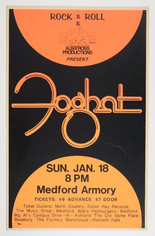 1976 Foghat Medford Armory Medford Oregon Cardboard Poster Excellent 75