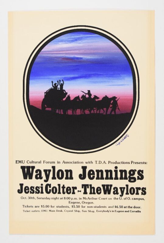 1976 Waylon Jennings McArthur Court Eugene University of Oregon Signed by Artist Poster Near Mint 83