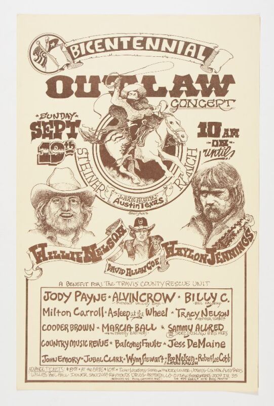 1976 Willie Nelson Waylon Jennings Steiner Ranch Austin Poster Near Mint 89