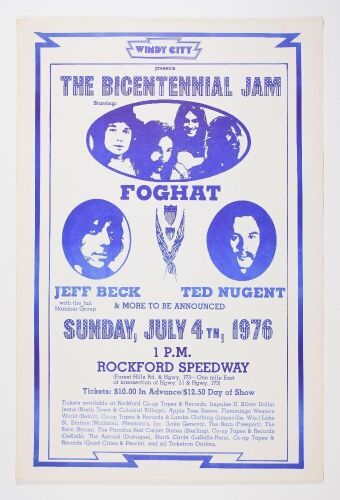 1976 Jeff Beck Jan Hammer Group Foghat Ted Nugent Rockford Speedway Poster Excellent 75