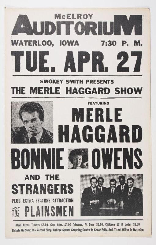 1965 Merle Haggard Bonnie Owens McElroy Auditorium Waterloo Cardboard Poster Excellent 79