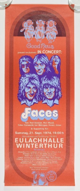 1974 The Faces with Rod Stewart Eulachhalle Winterthur Switzerland Poster Near Mint 87