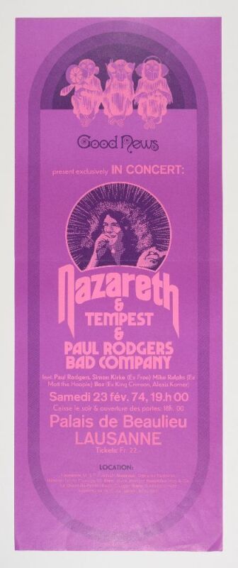 1974 Nazareth Paul Rodgers Bad Company Palais de Beaulieu Lausanne Switzerland Poster Excellent 75