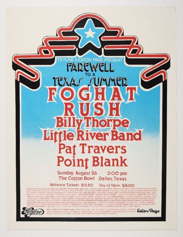 1979 Rush Foghat Little River Band The Cotton Bowl Dallas Texas Poster Excellent 75