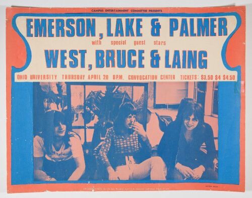 1972 Emerson Lake & Palmer West Bruce & Laing Ohio University Convocation Center Poster Extra Fine 63