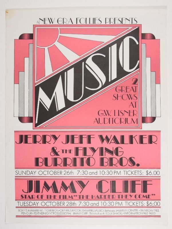 1975 Jimmy Cliff Flying Burrito Brothers Jerry Jeff Walker Lisner Auditorium Washington DC Poster Near Mint 87