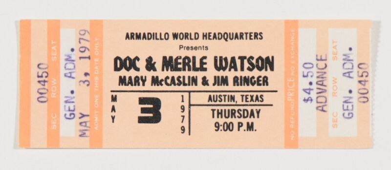 1979 Doc & Merle Watson Armadillo World Headquarters Austin Used Ticket Stub