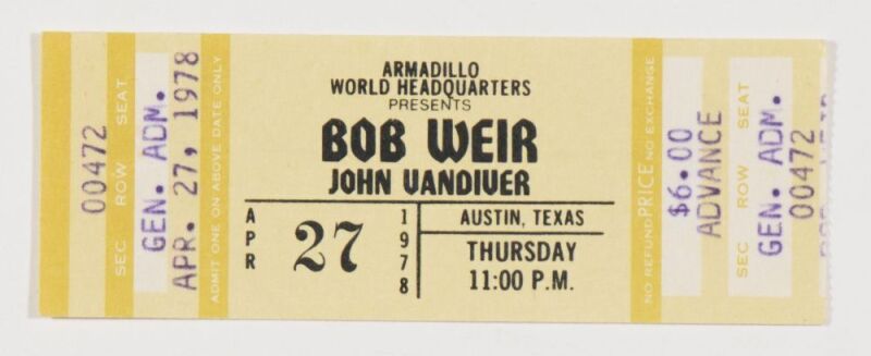 1978 Bob Weir Armadillo World Headquarters Austin Used Ticket Stub