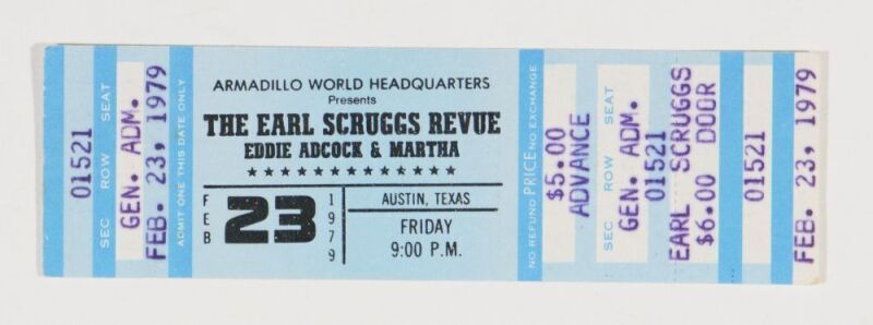 1979 The Earl Scruggs Revue Armadillo World Headquarters Austin Unused Full Ticket
