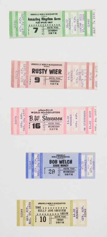 Collection of 5 Armadillo Austin Used & Unused Tickets Bob Welch Rusty Wier Amazing Rhythm Aces