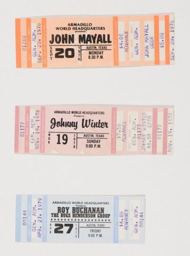 Collection of 3 Armadillo Austin Used & Unused Tickets John Mayall Johnny Winter Roy Buchanan