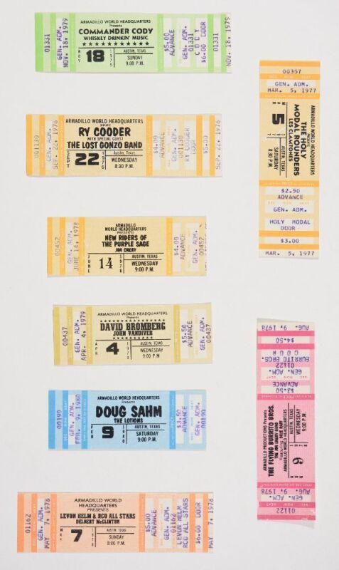 Collection of 8 Armadillo Austin Used & Unused Tickets Levon Helm David Bromberg NRPS Flying Burrito Bros
