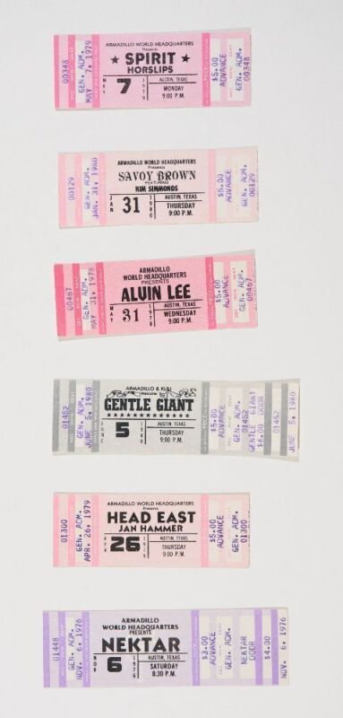Collection of 6 Armadillo Austin Used & Unused Tickets Spirit Savoy Brown Alvin Lee Gentle Giant