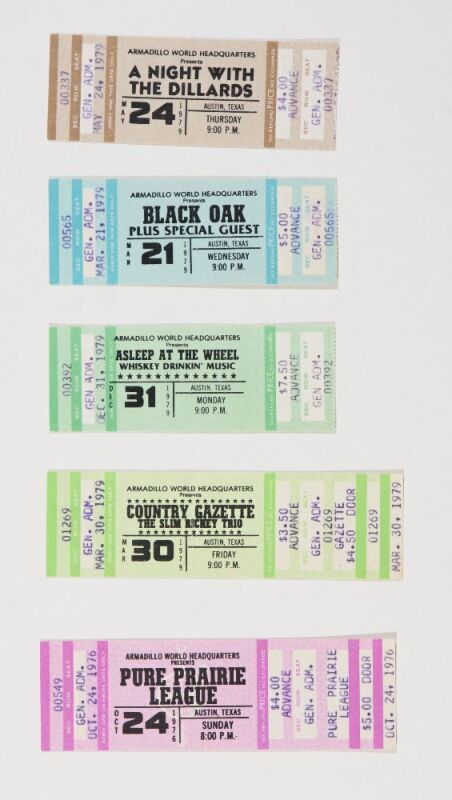 Collection of 5 Armadillo Austin Used & Unused Tickets The Dillards Black Oak Asleep at the Wheel