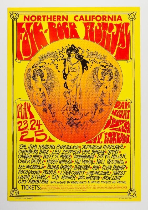 1969 Jimi Hendrix Jefferson Airplane Chuck Berry Northern California Folk Rock Festival Poster Excellent 79