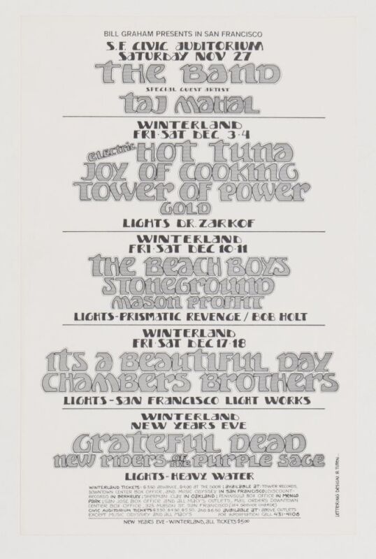 1971 Grateful Dead The Band The Beach Boys S.F. Civic Auditorium & Winterland Calendar Handbill Near Mint 85