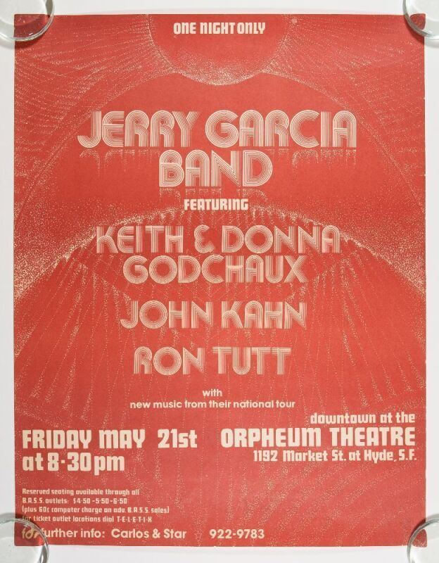 1976 Jerry Garcia Band Orpheum Theatre San Francisco Concert Poster Excellent 71