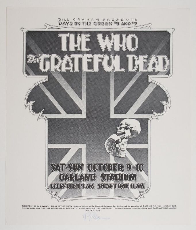 1976 AOR-324A The Who Grateful Dead Oakland Stadium Signed Tuten Poster Near Mint 87