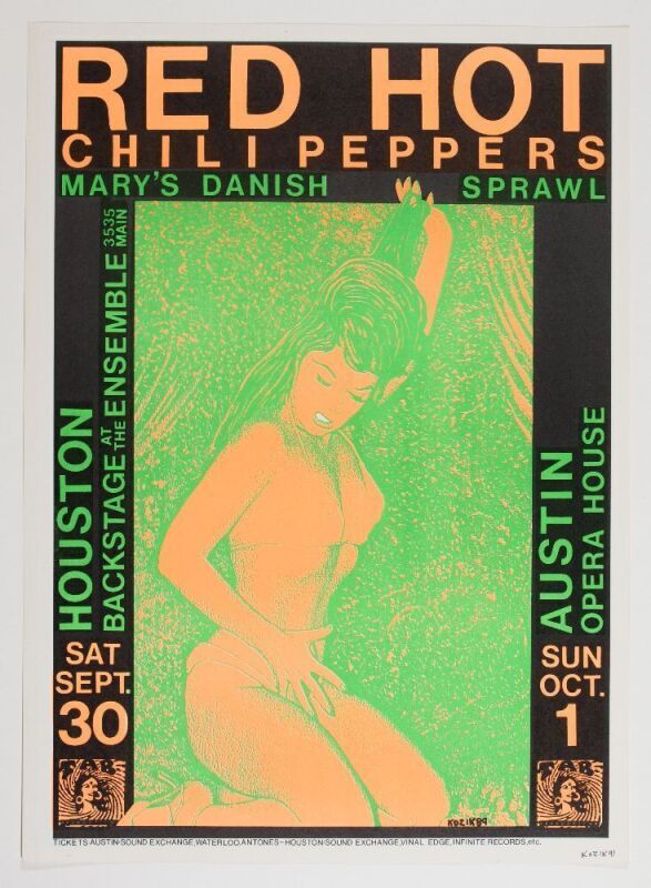 1989 Frank Kozik Red Hot Chili Peppers Houston & Austin Signed Kozik Poster Near Mint 87