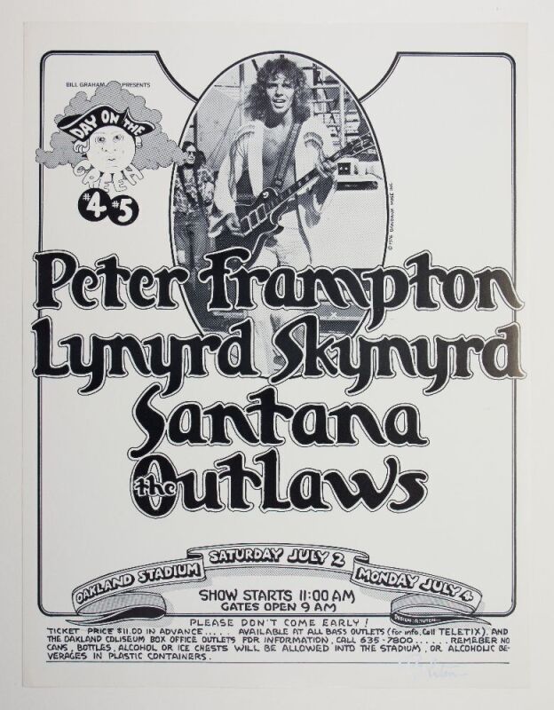 1976 Peter Frampton Lynyrd Skynyrd Day On The Green Oakland Stadium Signed Tuten Poster Near Mint 89