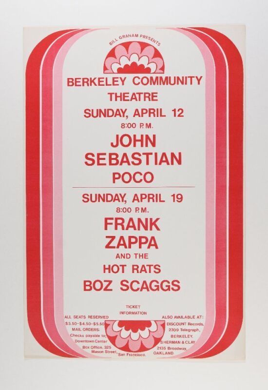 1970 Frank Zappa & Hot Rats John Sabastian Poco Boz Scaggs Berkeley Community Theatre Poster Excellent 77