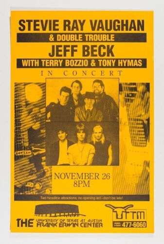 1989 Jeff Beck and Stevie Ray Vaughan University of Texas at Austin Poster Excellent 79