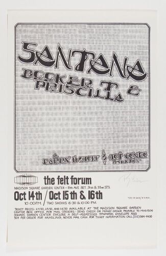 1971 Santana The Felt Forum New York Signed Tuten Poster Mint 91