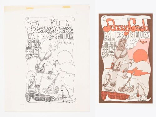 1968 Johnny Cash Carousel Ballroom Hand Drawn Original Art AND Original Poster Collection