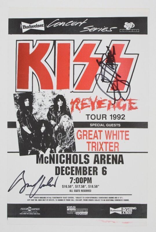 1992 KISS Revenge Tour Great White McNichols Arena Denver Signed 3x Gene Simmons Bruce Kulick Eric Singer Poster Near Mint 81