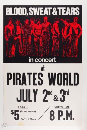 1970 Blood Sweat & Tears Pirates World Cardboard Poster Near Mint 85