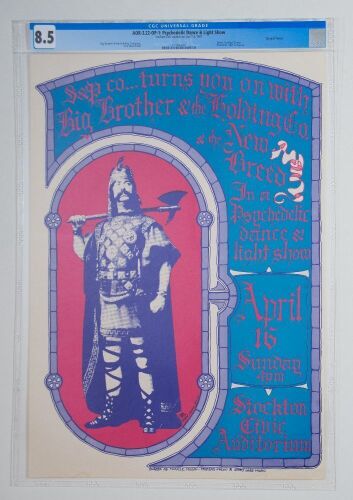1967 AOR-3.22 Big Brother Janis Joplin Stockton Civic Auditorium Poster CGC 8.5