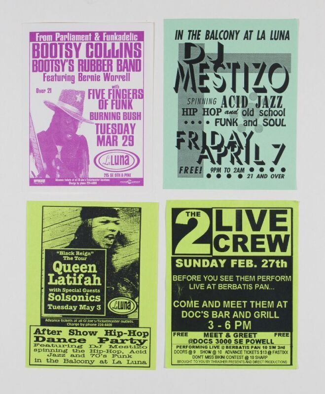Collection of 4 Queen Latifah DJ Mestizo The 2-Live Crew Bootsy Collins Hip Hop & Funk Portland Flyers Near Mint 85