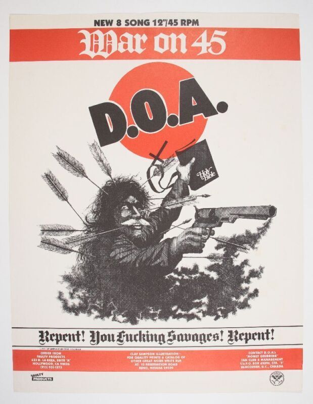 1982 D.O.A. War On 45 Alternative Tentacles Records Promotional Poster Excellent 77
