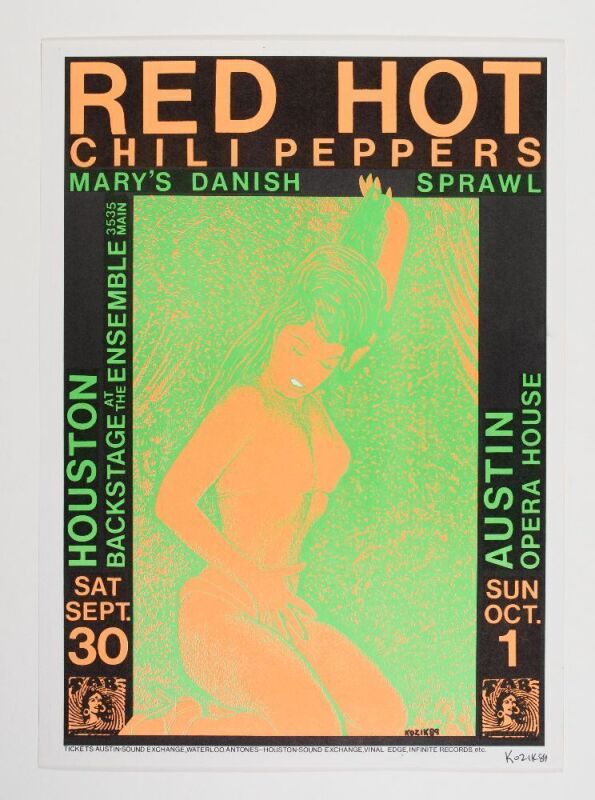 1989 Frank Kozik Red Hot Chili Peppers Houston & Austin Signed Kozik Poster Near Mint 87