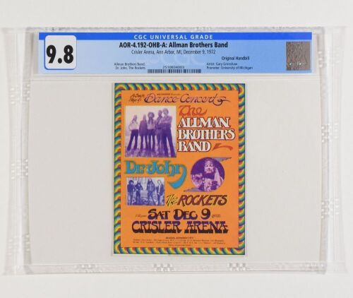 1972 AOR-4.192 Allman Brothers Dr John James Taylor Crisler Auditorium Handbill CGC 9.8