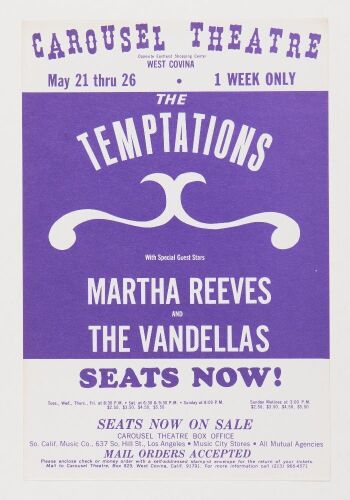 1968 The Temptations Martha Reeves The Vandellas Carousel Theatre West Covina Handbill Mint 93