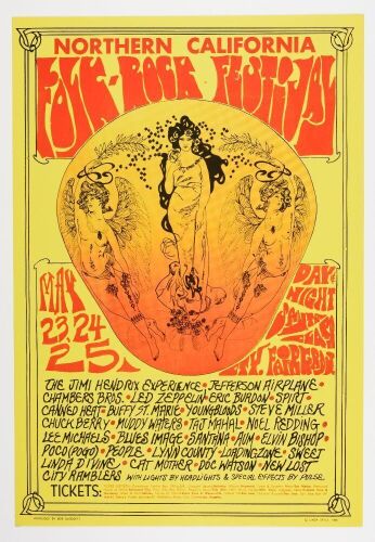 1969 Jimi Hendrix Jefferson Airplane Chuck Berry Northern California Folk Rock Festival Poster Near Mint 81