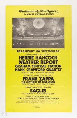 1974 Herbie Hancock Weather Report Frank Zappa Mothers The Eagles Paramount Portland Cardboard Poster Excellent 75